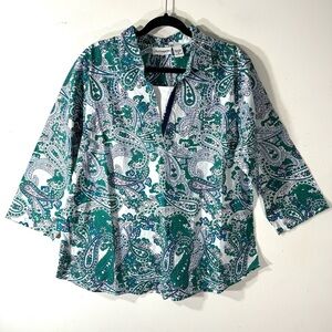 2/$35 Serengeti Green Paisley Cotton Popover Blouse Sz 1X